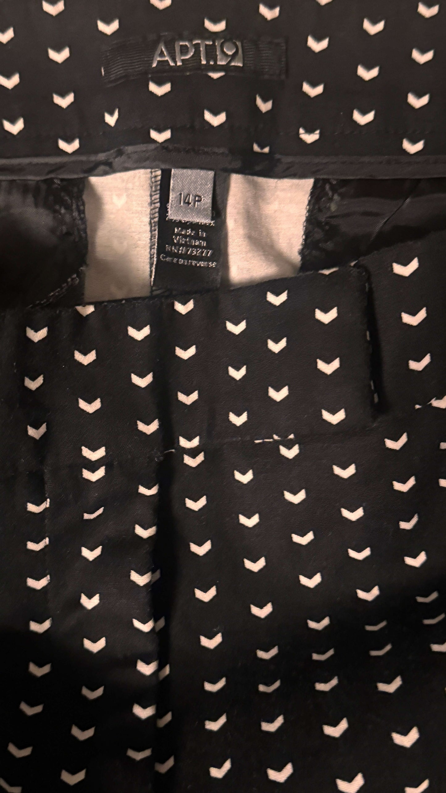 Apt 9 size 14 Petite black chino pants with white heart print, perfect for work or casual outings.