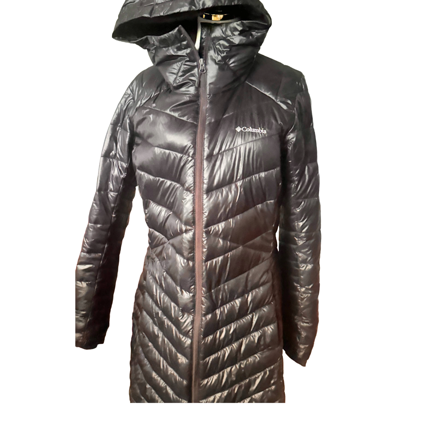 Black puffer jacket with Columbia logo on a white background