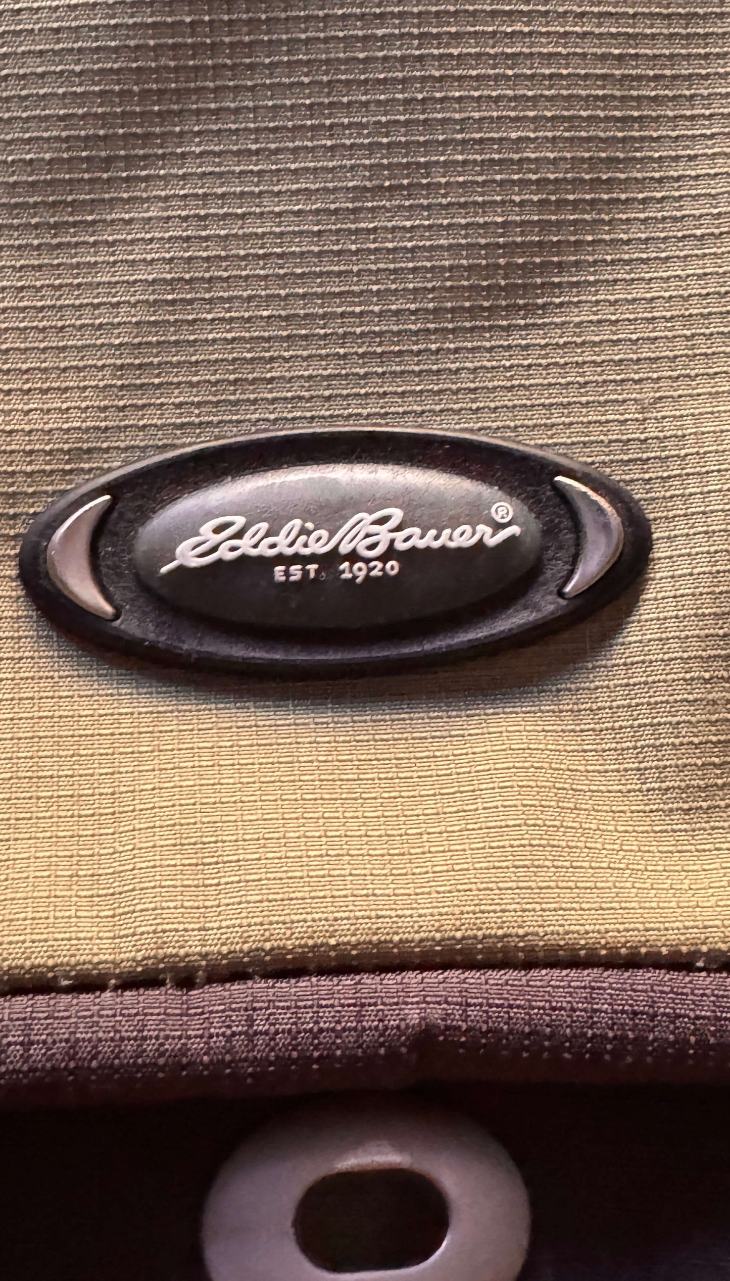 Eddie Bauer vintage backpack logo detail showcasing the brand established in 1920, excellent condition for hiking.