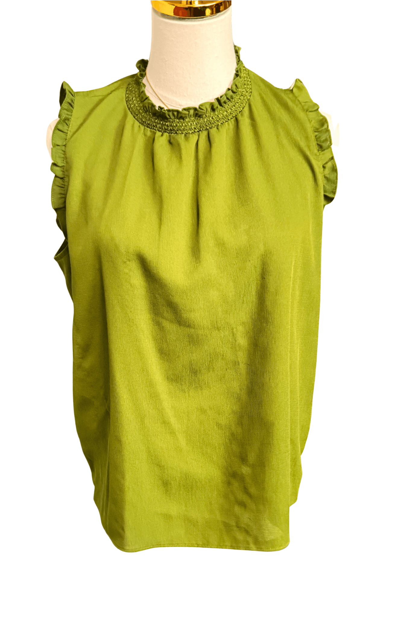 Ann Taylor sleeveless green blouse size small petite with ruffled details and elastic neckline.