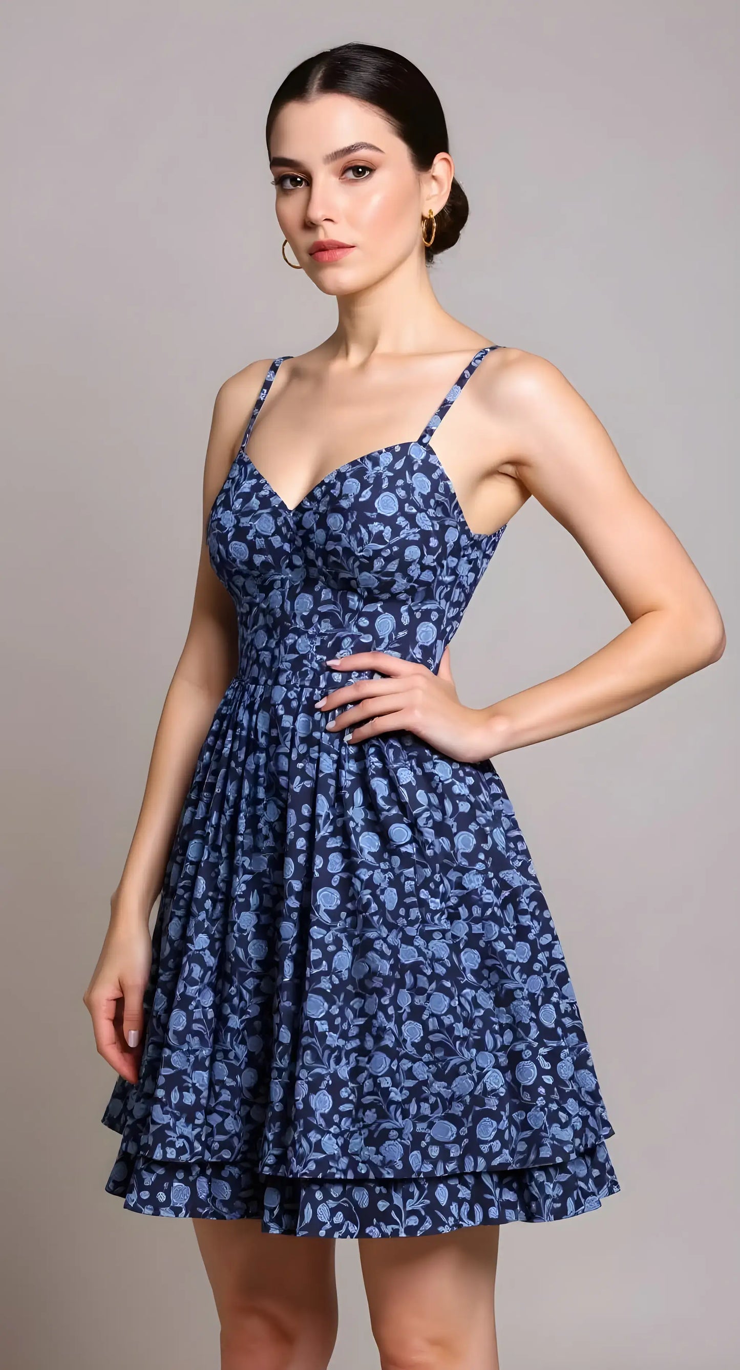 Woman wearing a blue floral dress against a gray background