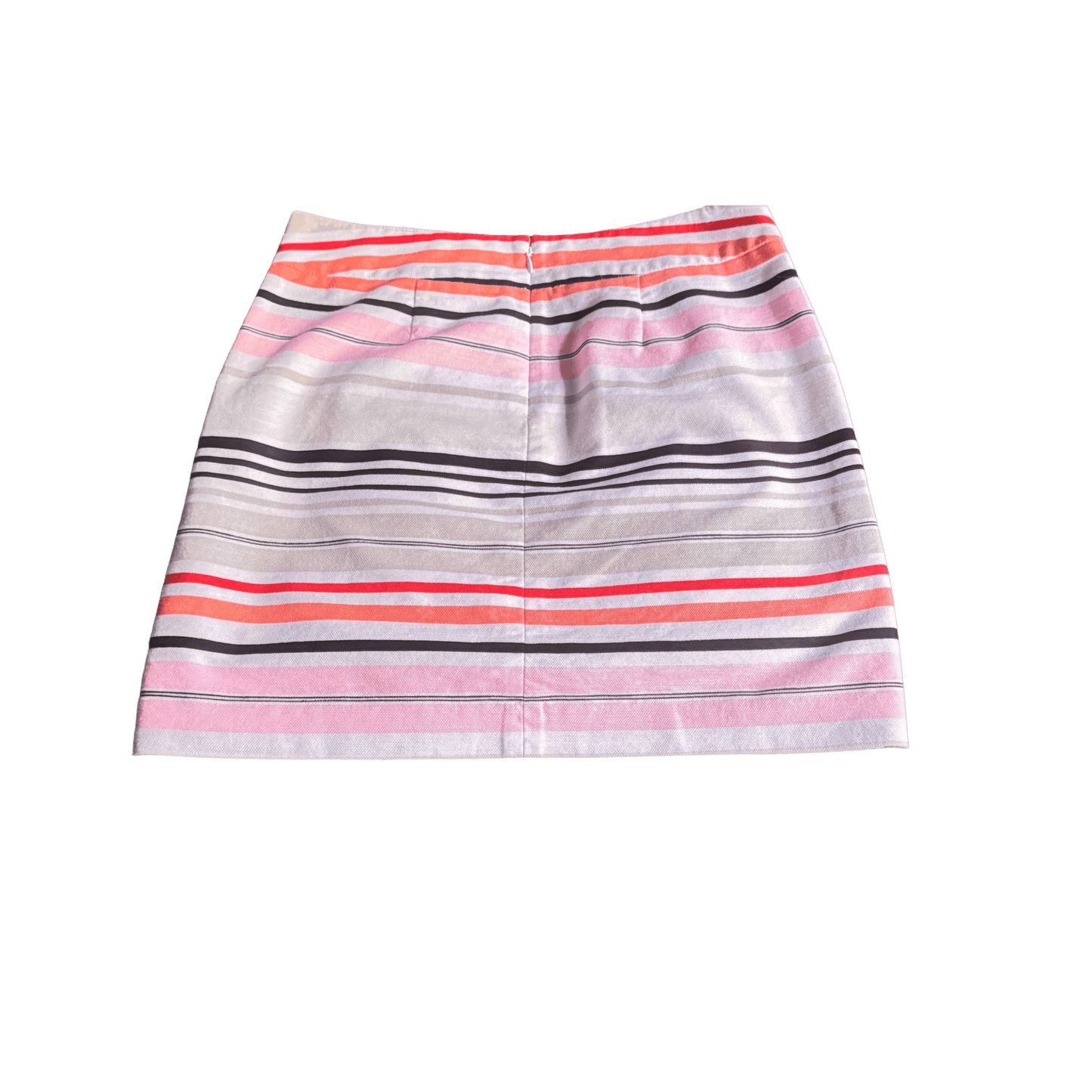 Striped skirt with pink, orange, and black pattern on a white background