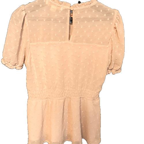 Secondhand Monteau Las Angelas pink blouse with puffed sleeves and lace detailing, size small petite.