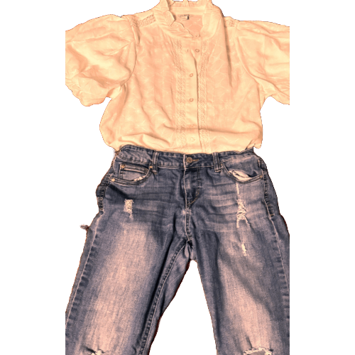 Monteau Las Angelas pink blouse with puffed sleeves and lace detailing, paired with distressed jeans, perfect for casual chic style.