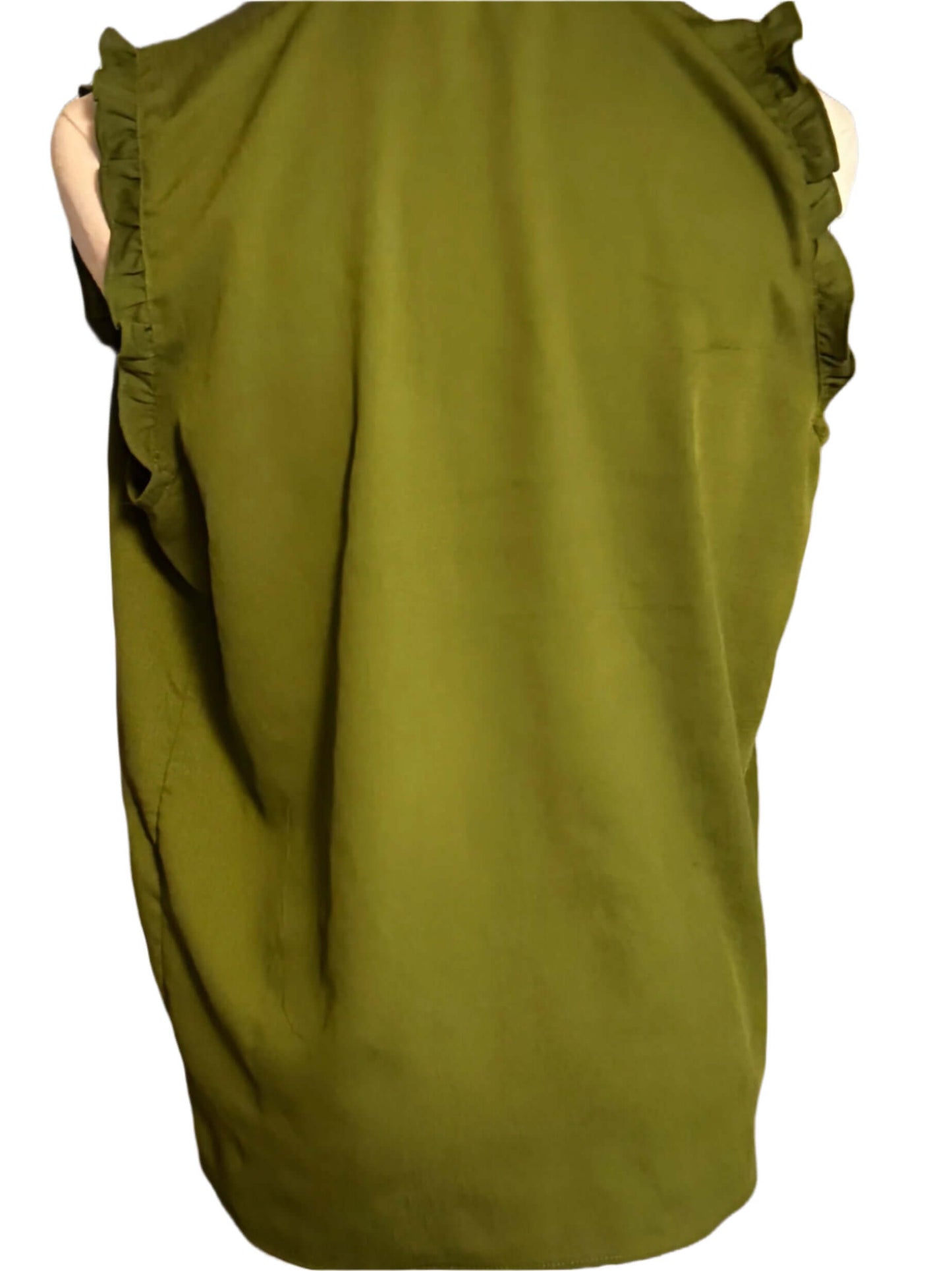 Back view of Ann Taylor sleeveless green blouse with ruffle details, size small petite, perfect for stylish outfits.