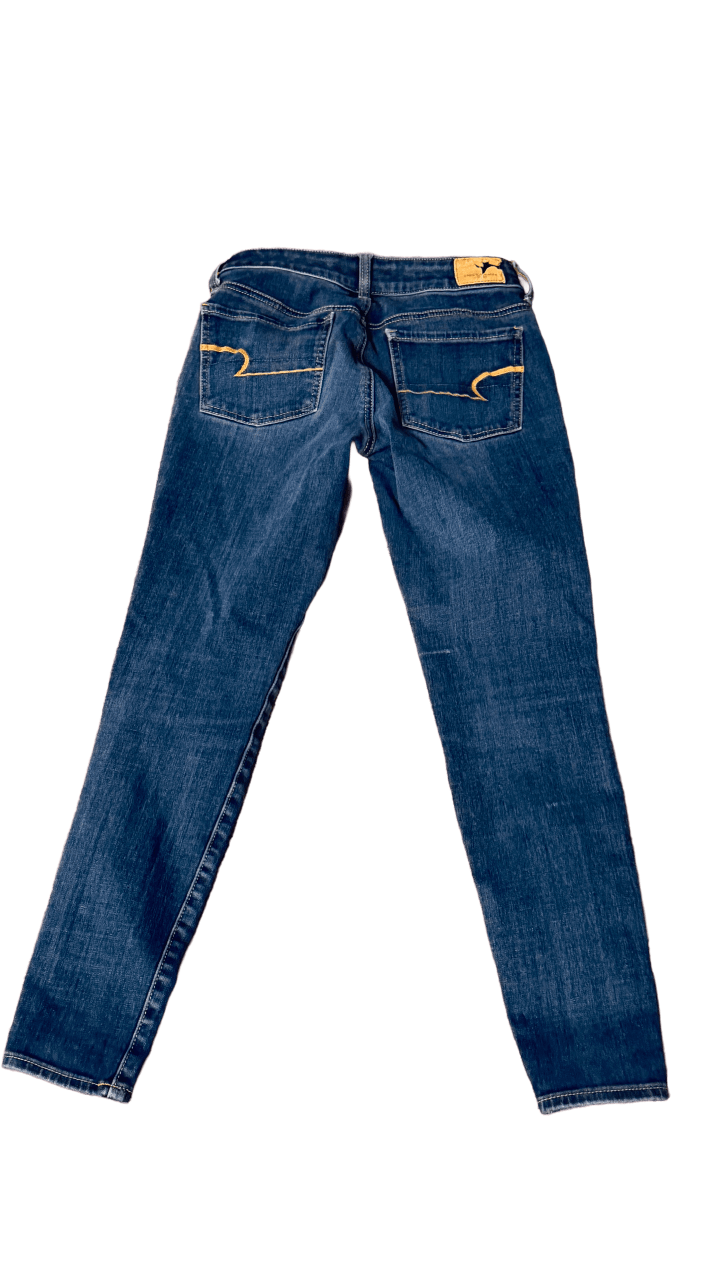 Back view of secondhand American Eagle denim bottoms, size 4 petite, featuring a stylish and durable design.