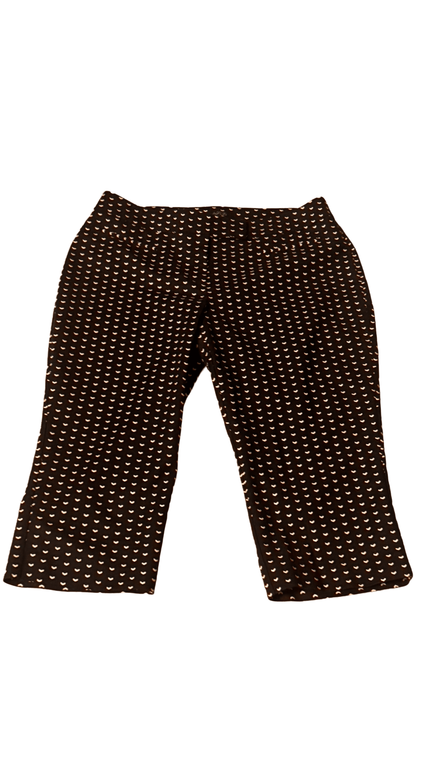 Stylish Apartment 9 chino pants size 14 Petite with white hearts on black, perfect for work or casual outings.
