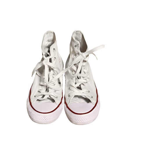 Pre-owned white Chuck Taylor Converse All Stars high-top sneakers, size 7, featuring classic design and timeless style.