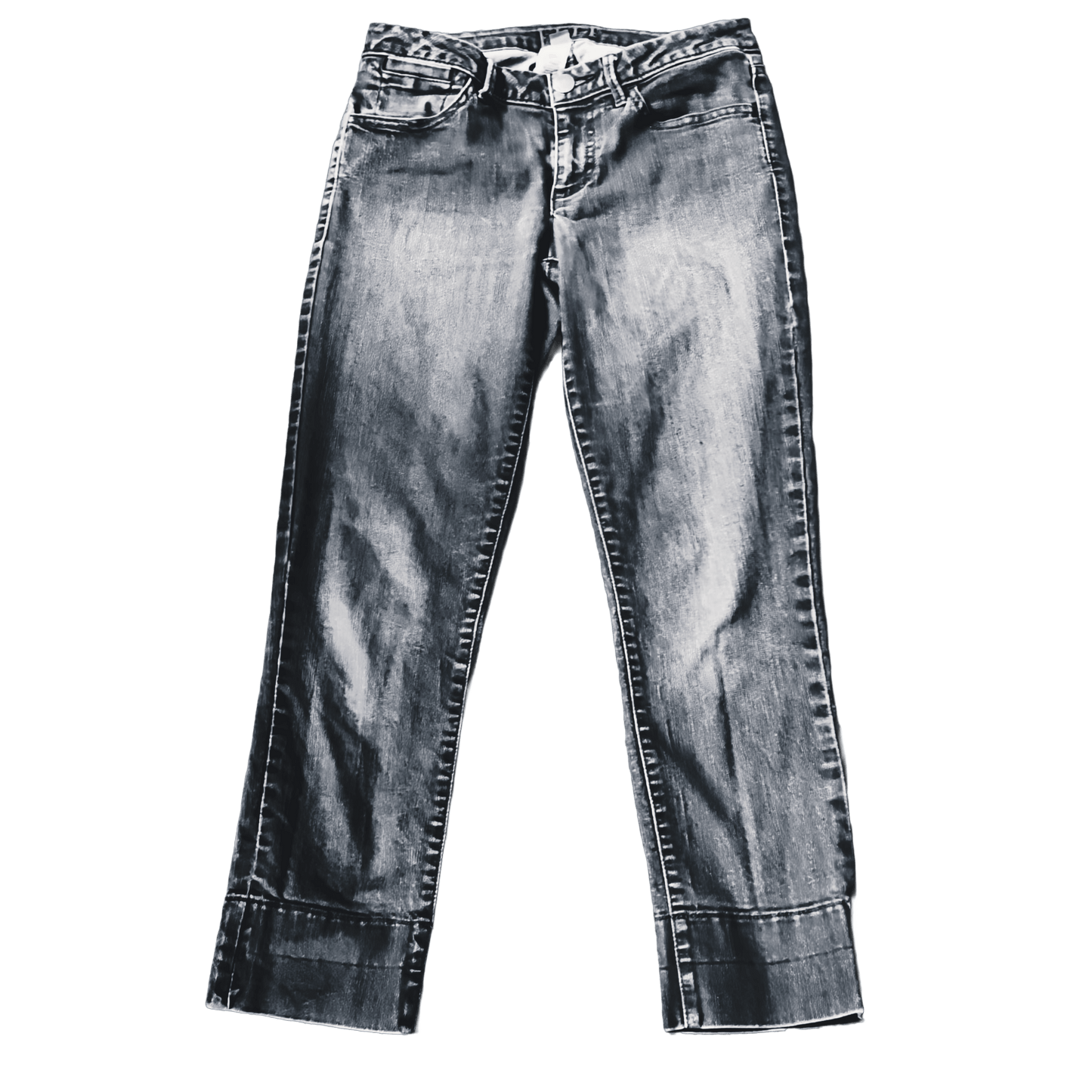 Pair of washed out blue distressed jeans on a white background