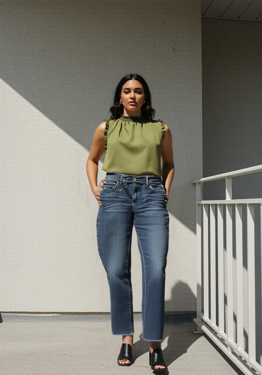 Woman wearing a green sleeveless top and blue jeans standing on a balcony.