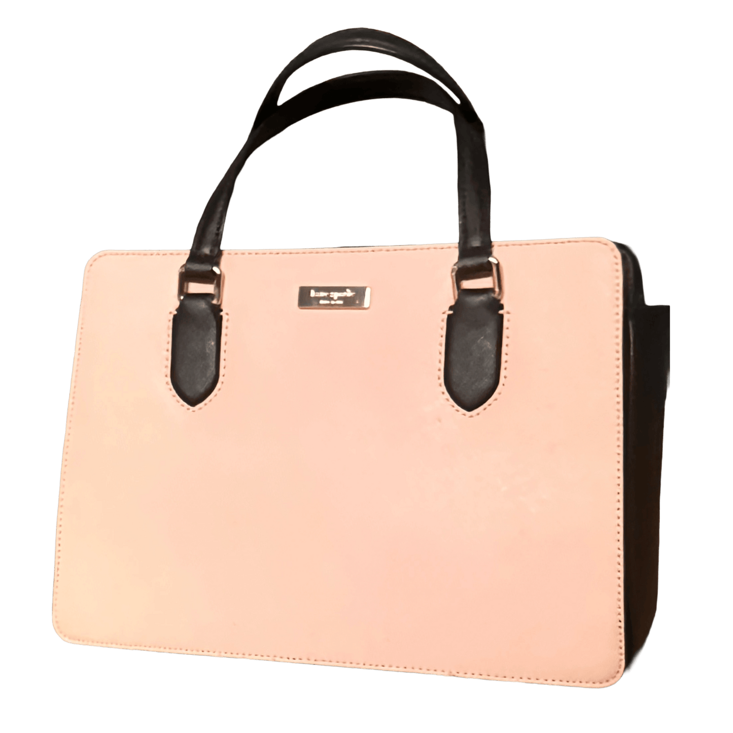 Pink handbag with black handles on a white background