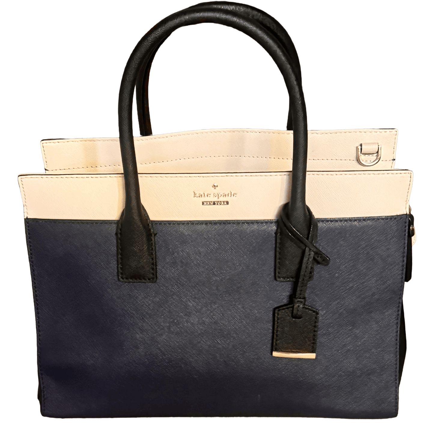 Black and beige handbag with a visible brand tag on a white background