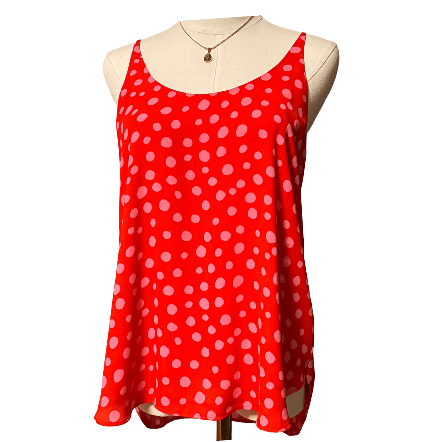 LOFT sleeveless blouse in red with pink polka dots, size small, perfect for casual or office wear.