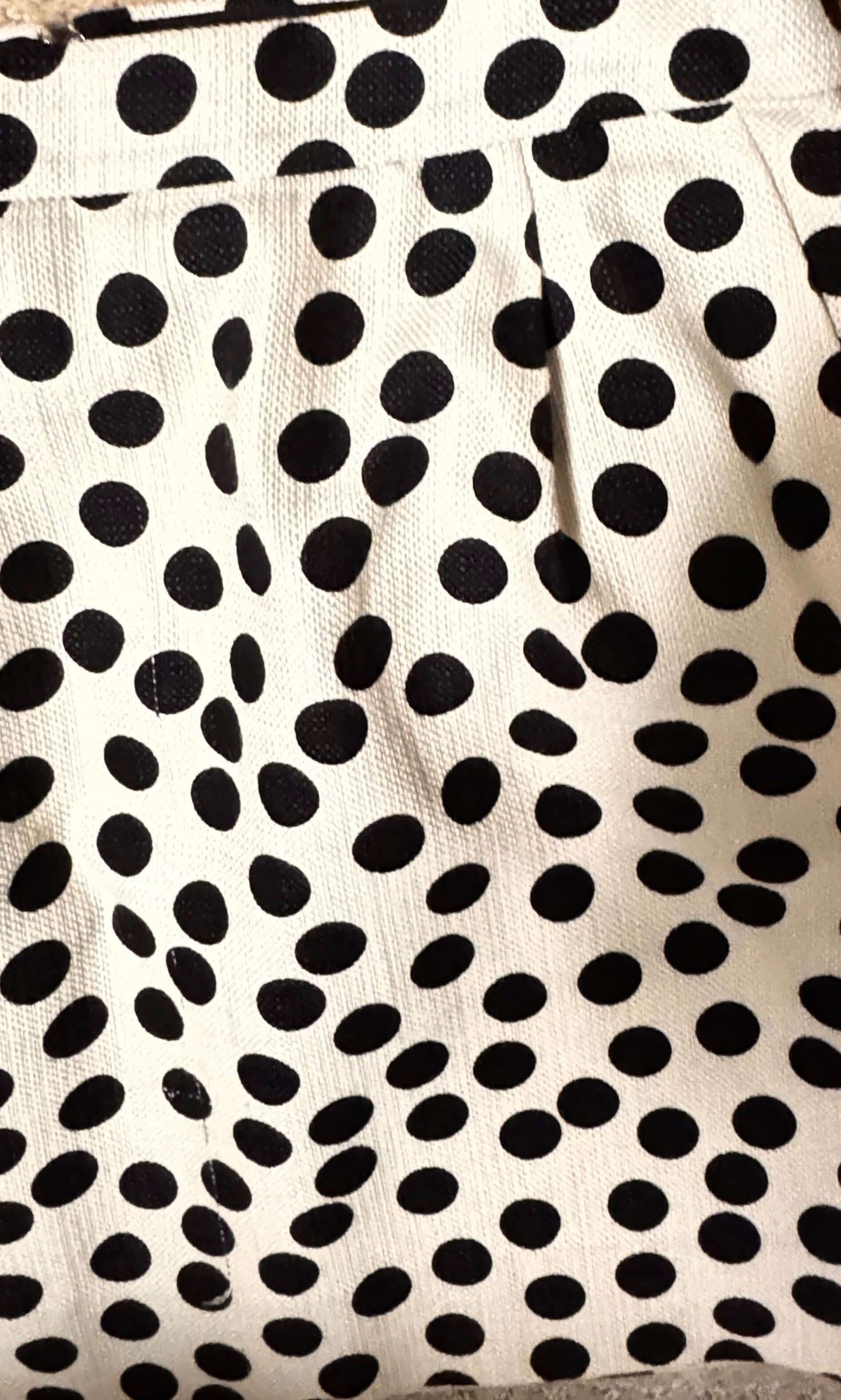 Close-up of a fabric with black polka dots on a white background