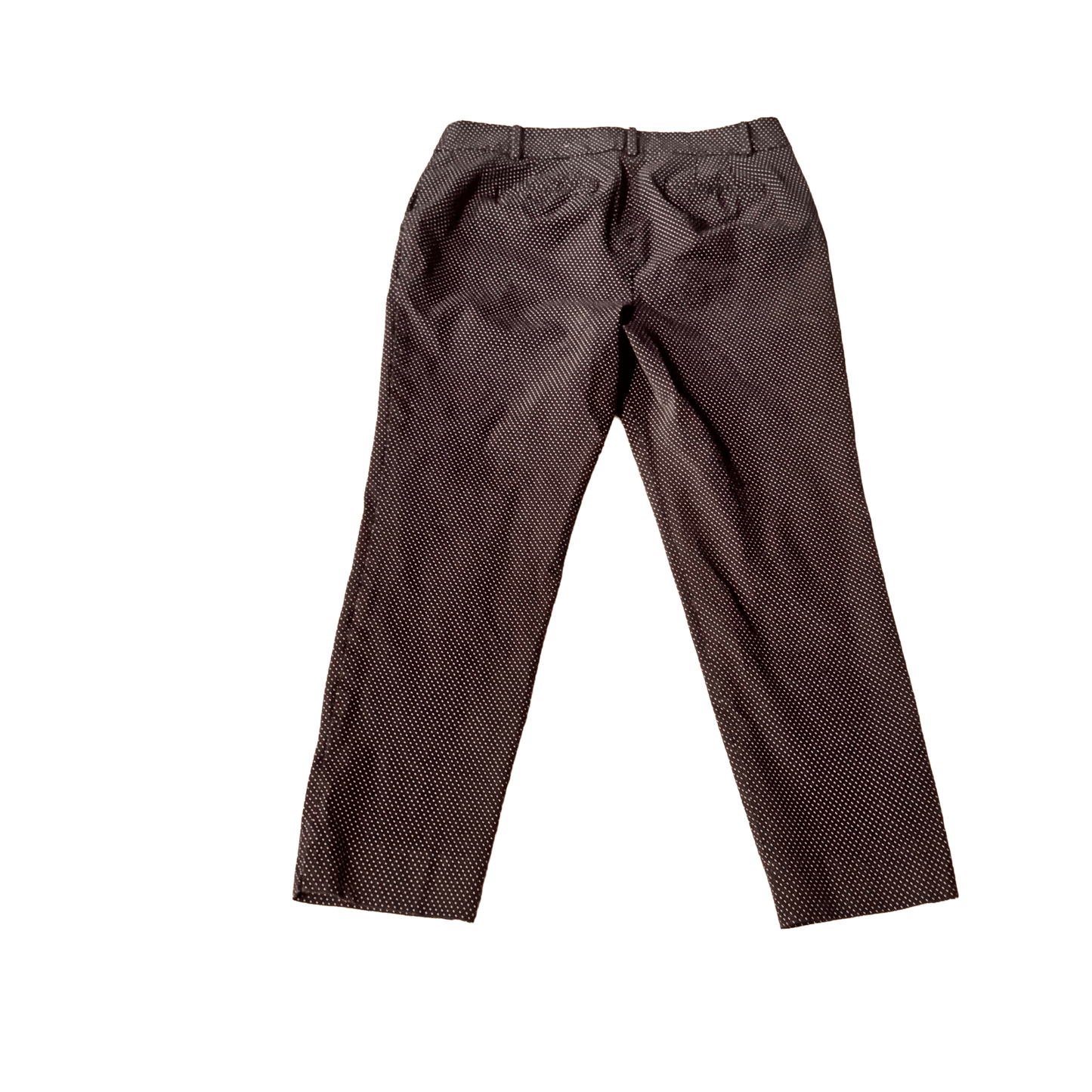 Black pants with a subtle polka dot pattern on a white background