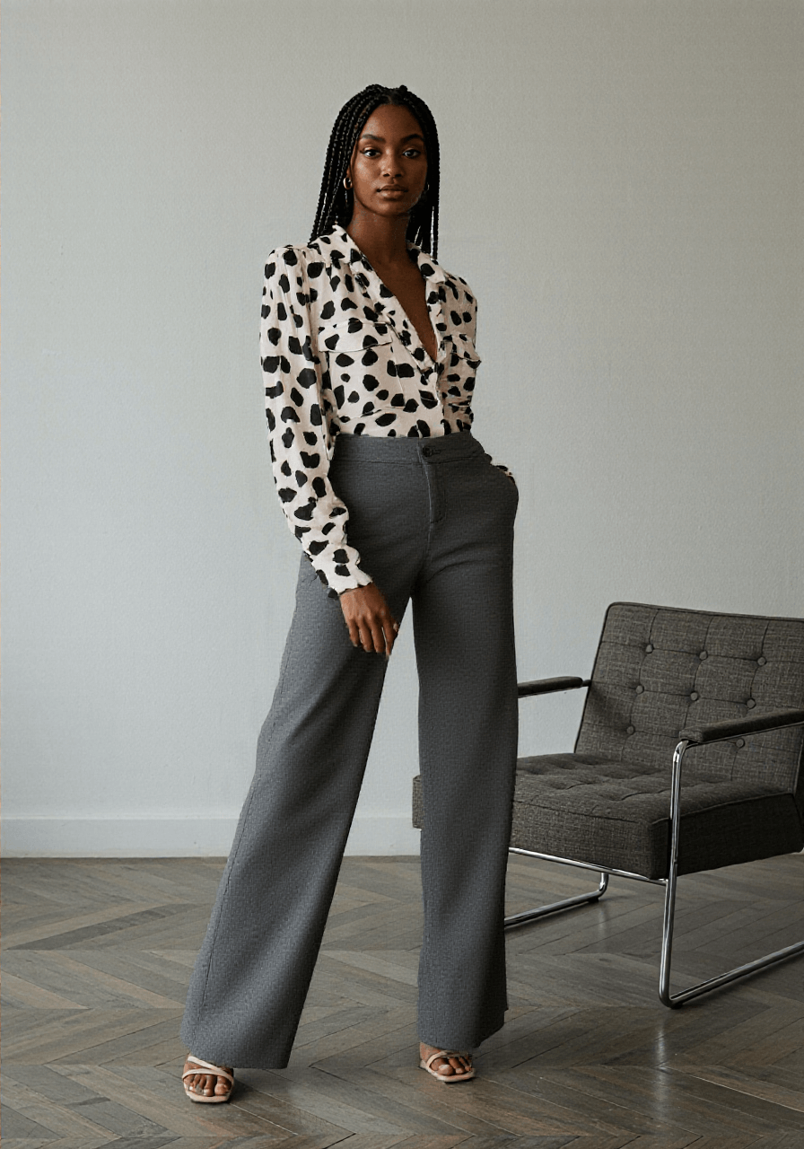 Woman wearing a polka dot blouse and gray pants standing in a room with a chair.