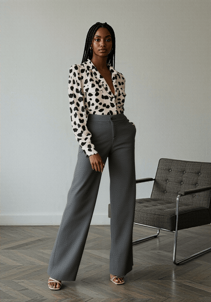 Woman wearing a polka dot blouse and gray pants standing in a room with a chair.