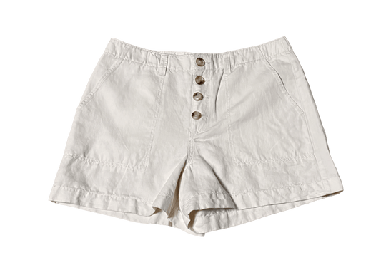 Size 12 white Loft shorts with brown buttons and a flared leg opening for casual, relaxed style.