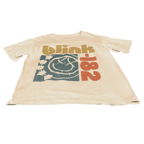 white shirt with blink 182 on it.