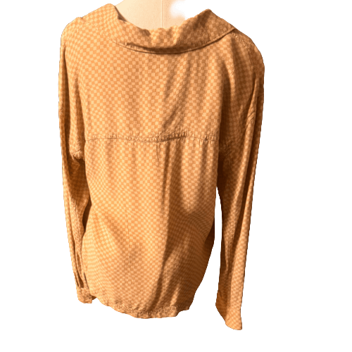 Brown textured long-sleeve shirt on a mannequin against a white background