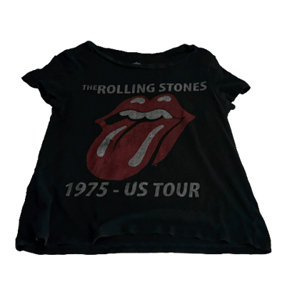 Black t-shirt with Rolling Stones logo and text on a white background
