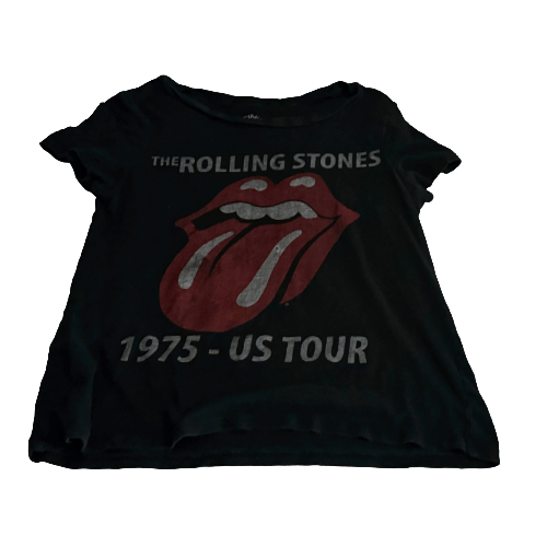 Black t-shirt with Rolling Stones logo and text on a white background