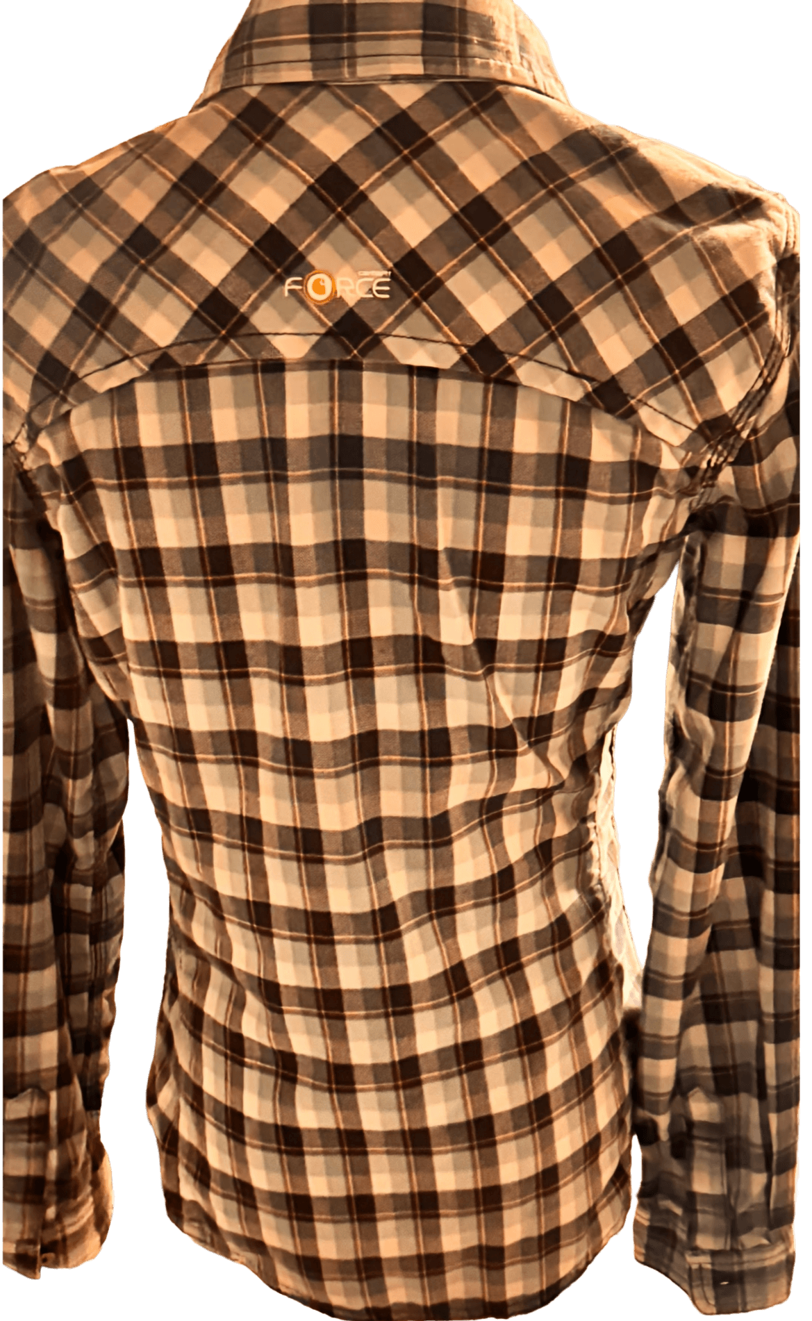 Plaid shirt with a brand logo on a white background