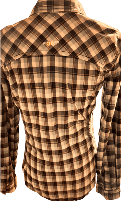 Plaid shirt with a brand logo on a white background