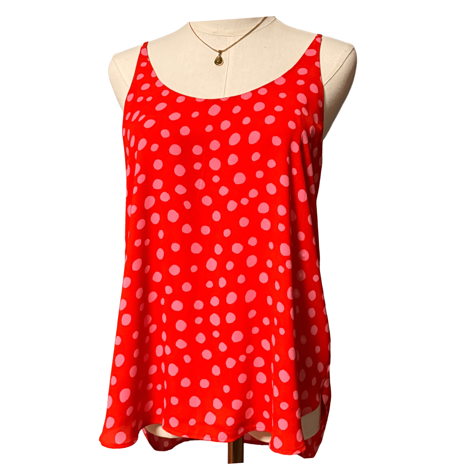LOFT sleeveless blouse in red with pink polka dots, size small, perfect for casual or office wear.