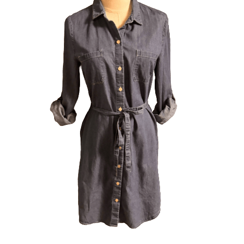 denim button up dress on a mannequin against a white background