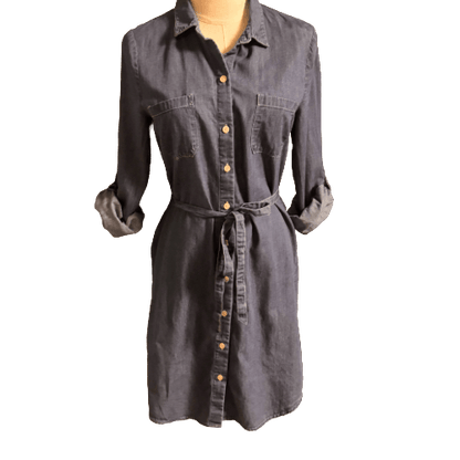 denim button up dress on a mannequin against a white background