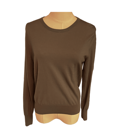 Brownish green  sweater on a mannequin against a white background