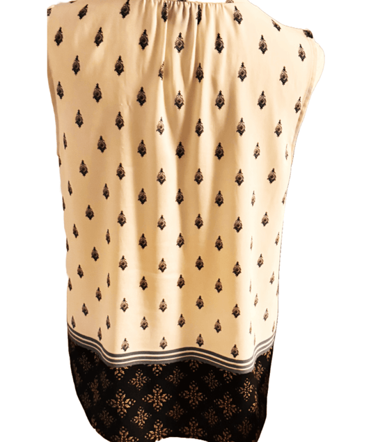 Ann Taylor sleeveless blouse in beige and black, size medium petite, perfect condition for casual or professional wear.