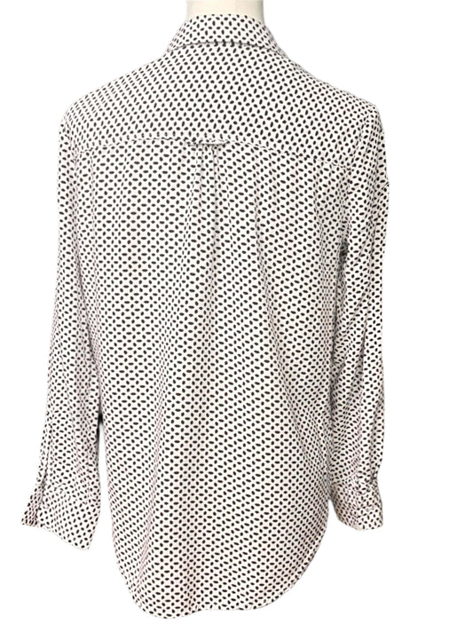 Back view of Velvet Heart white blouse with black geometric shapes, size small petite, featuring long sleeves and a longer hemline.