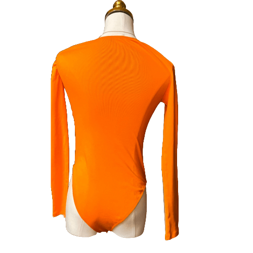 Back view of a Zara one piece orange romper in size small petite, showcasing its sleek and modern design.